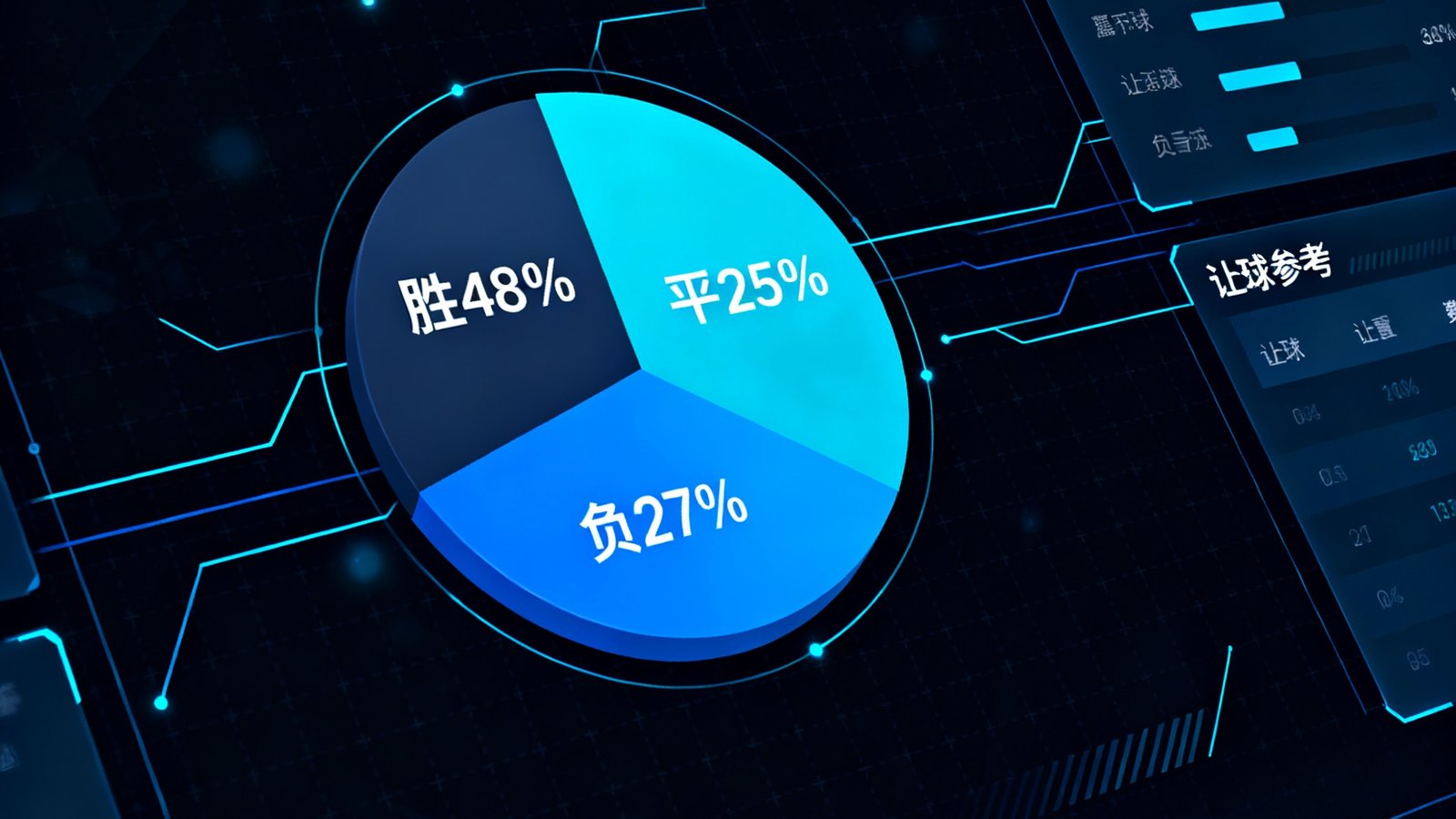 一个深色主题的数据分析界面，中央展示饼图显示胜平负概率分别为48%25%27%，右侧有大小球分析和让球参考数据，界面充满科技感线条